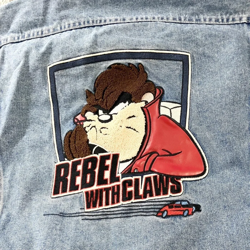 Vintage Looney Tunes Taz Jacket Mens Medium Blue Denim Warner‎ Bros 90s